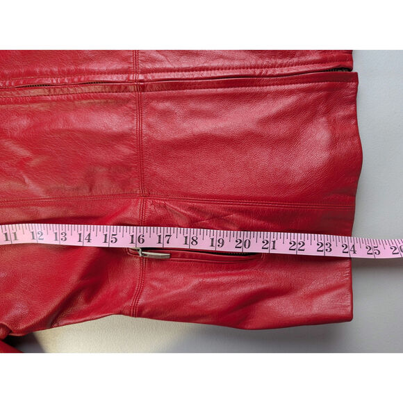 Vtg Red Leather Jacket 90s Y2K Zip Retro Bold Bright Statement Womens Large - Picture 11 of 11